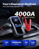 Autoone Jump Starter with Air Compressor, 4000A Portable Car Jump Starter, 150 PSI Tire Inflator, 12V Jump Box for 10L Gas/8L Diesel Engine